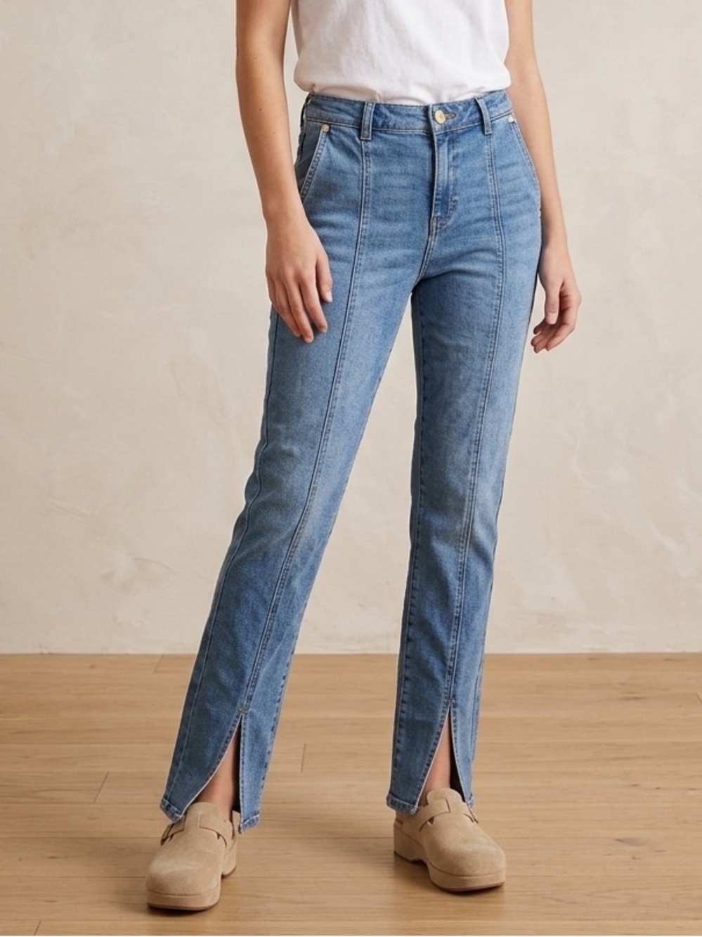 Michael Kors Women's Light Blue Flare Jeans with Front Seam and Hem Slit